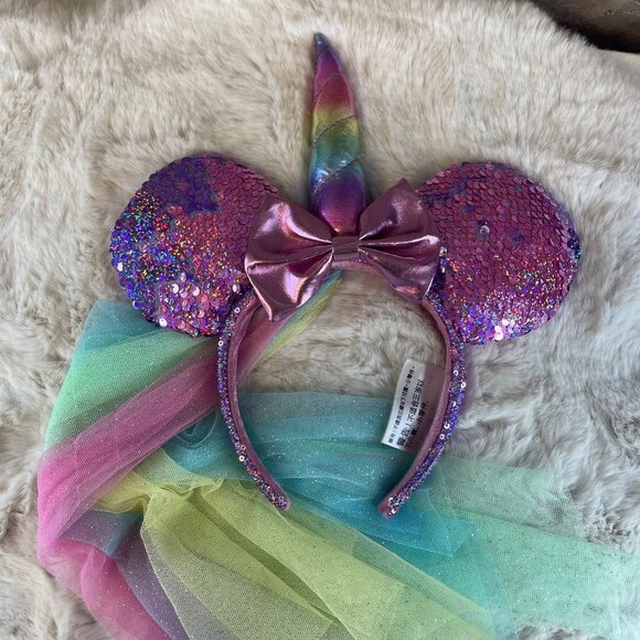 Disney Parks Minnie Mouse Ears Pink Purple Sequin Unicorn Rainbow Veil Headband - Picture 1 of 5